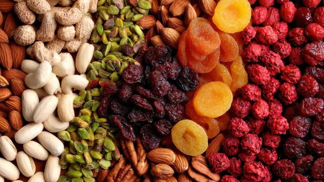 Colorful assortment of dried fruits and nuts arranged neatly on a wooden surface for a healthy snack option in a rustic kitchen