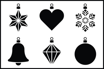 Set of diverse black christmas ornament vector icons for holidays isolated on white background, Vector