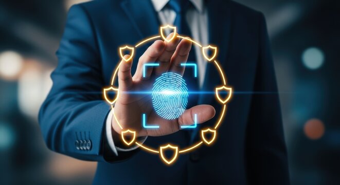 Fingerprint scan security verification on digital interface by person in suit indicates secure access and digital identity protection - Powered by Adobe