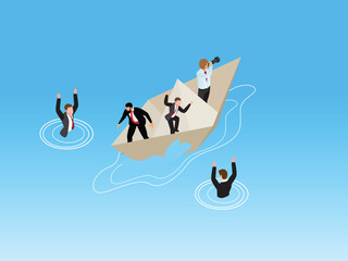 Isometric Business Crisis and Financial Failure Concept: Sinking Paper Boat with Struggling Businessmen 3d isometric vector illustration