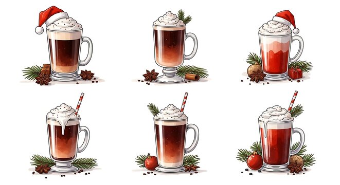 Festive coffee drinks with decorations isolated on white
