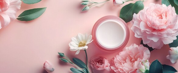 Elegant Floral Arrangement with Cream Jar on Soft Pink Background