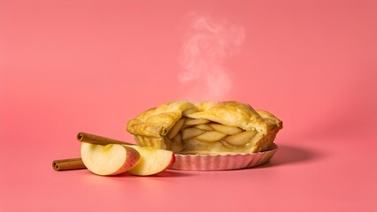 A freshly baked golden apple pie releasing warm steam, showcasing cinnamon-glazed apple slices, rich buttery crust, cozy aroma, and ultra-realistic 8K detail.