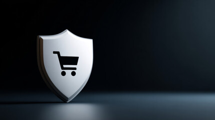 White shield with black shopping cart icon symbolizing secure online shopping and e-commerce protection on dark background with soft lighting