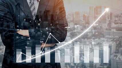 A professional in a suit stands confidently with crossed arms overlaid with graphs and city skyline. This image represents business growth, market analysis, and success in finance. Copula