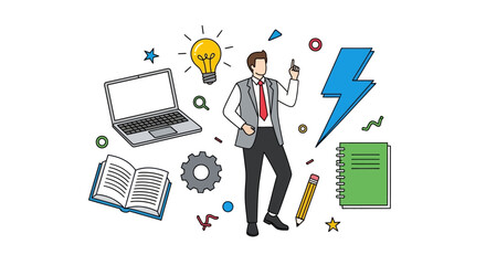Conceptual illustration of a businessman with innovative ideas and educational tools for success