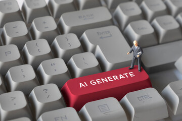 Miniature Business Figure Standing on Keyboard Button with Text AI Generate. Representing artificial intelligence, automation, machine-generated content and digital innovation