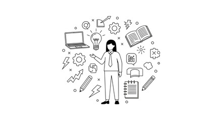 Illustrative depiction of a professional woman presenting innovative concepts and strategic