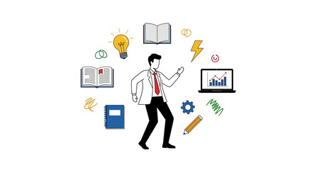Conceptual illustration featuring a businessman surrounded by symbols of business creativity and