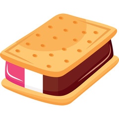 Flat Design Ice Cream Sandwich with Chocolate Filling and Pink Strawberry Layer Isolated on White Background Detailed Vector Art