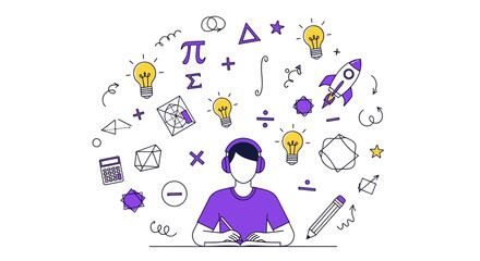 Conceptual illustration depicting a student immersed in learning and academic exploration