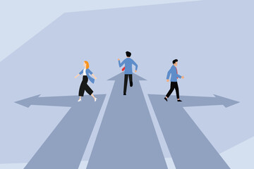 Career Choice and Decision Making, Business People Walking Different Paths at a Crossroads 2d flat vector illustration