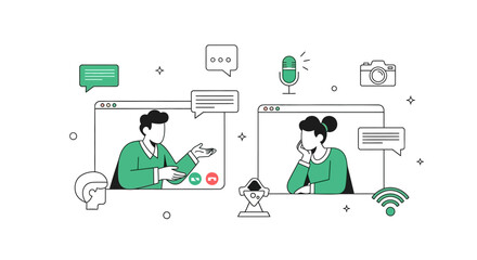 Visual depiction of remote business meeting using conferencing platforms, illustrating virtual