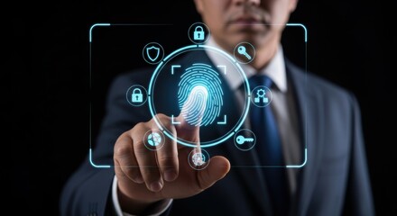 Businessman uses fingerprint scan for secure data access and network security in virtual cyberspace with digital identification and biometric authentication