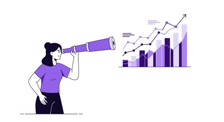 Woman with telescope looking at rising charts signifying financial strategy and positive