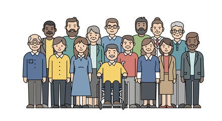 Diverse group of people standing together, illustrating unity and inclusivity with character design