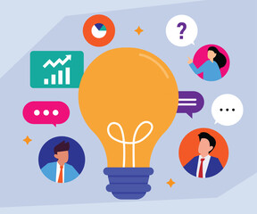 Idea Generation and Collaborative Brainstorming, Team Communication Around a Giant Lightbulb 2d flat vector illustration