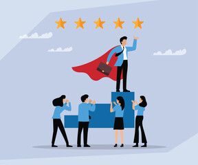 Business Leader Achieving Success, Standing on Podium with Superhero Cape and Five Stars Rating 2d flat vector illustration