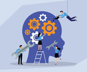 Mental Health Maintenance and Mindset Repair, Team Fixing Gears in Giant Head Silhouette 2d flat vector illustration
