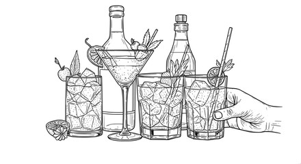 Cocktail drinks illustration with bottles and garnishes