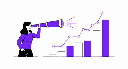 Visionary businesswoman anticipates growth with strategic foresight and market analysis using a