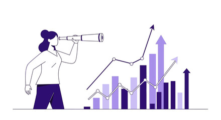 Woman forecasting future growth with spyglass observing business performance analytics