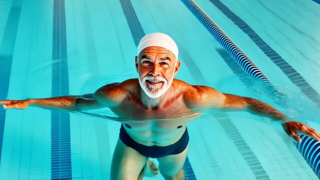 Senior swimmer gliding through pool lanes with powerful stroke in sporty swimwear