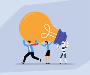 Innovation and Idea Development with AI, Business Team Collaborating to Carry Giant Lightbulb 2d flat vector illustration