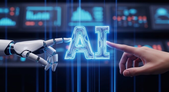 Robotic hand and human finger interacting with illuminated digital interface for future technology connecting people and machines