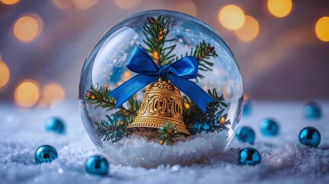 A captivating christmas snow globe featuring a golden bell with a blue bow, surrounded by snow and twinkling lights, evokes the magic of the holiday season