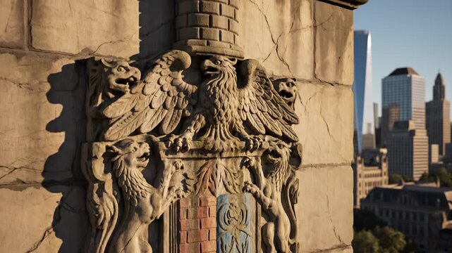 Close-up of a historic stone carving on a building with the city skyline in the background.