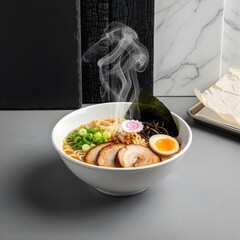 Hot Japanese Ramen Bowl with Egg, Pork, and Noodles – Authentic Asian Soup Cuisine Concept