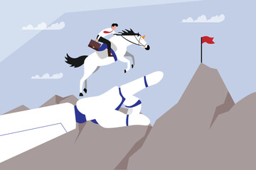 Startup Unicorn Success with AI Guidance, Businessman Riding Unicorn Jumping to Peak 2d flat vector illustration