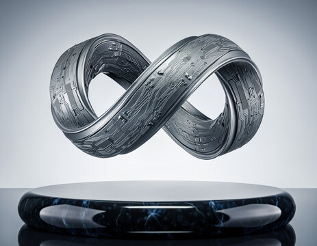 Metallic infinity symbol levitates above a reflective platform, representing endless possibilities and technological advancement in a sleek, modern aesthetic.