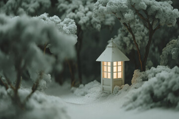snowy lantern comes to life in augmented reality radiating warm glow in winter forest
