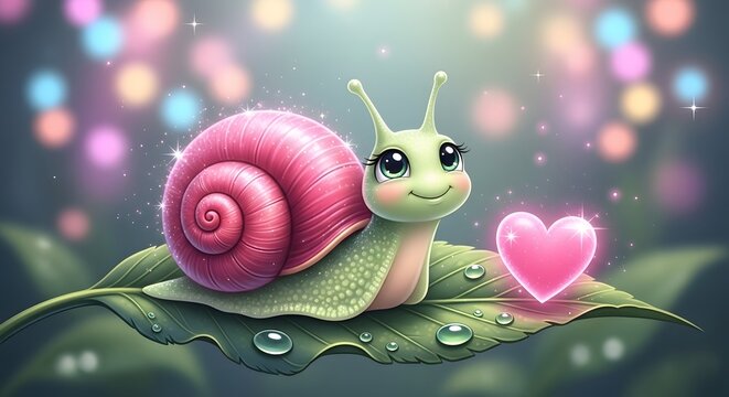Cute smiling snail with a pink shell and green body next to a sparkling pink heart on a dewy leaf. Love, whimsy, and sweet nature illustration.