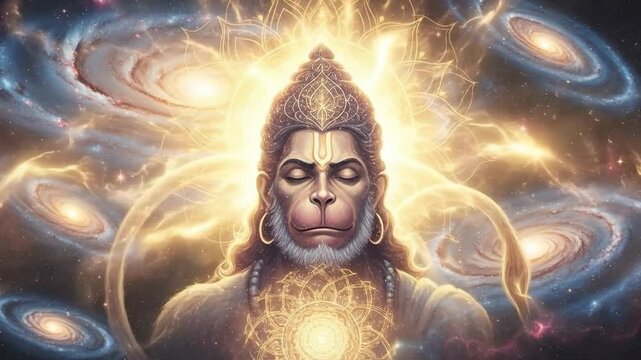 Divine Illustration of Lord Hanuman Meditating Against Cosmic Background Celebrating Hanuman Jayanti Festival, Hindu God, Spirituality
