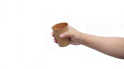 Hand Holding White Paper Cup Isolated on White Background.