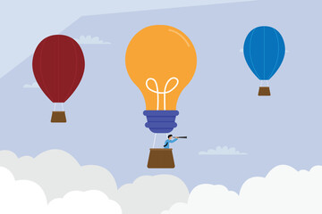 Fototapeta premium Searching for Innovative Ideas, Businessman in Hot Air Balloon Shaped Like a Lightbulb 2d flat vector illustration