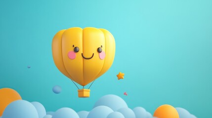 Cheerful Yellow Hot Air Balloon with Smiley Face in Blue Sky