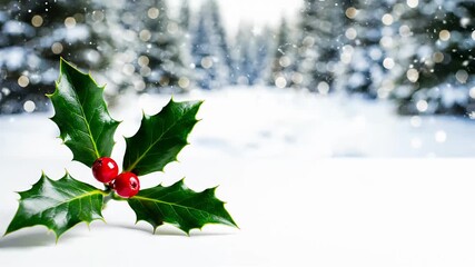 Vibrant green holly leaves with bright red berries symbolizing festive Christmas spirit and holiday traditions set against a sparkling winter snow forest - Powered by Adobe