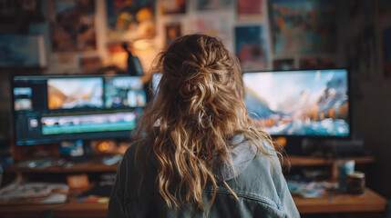 Creative Work from Home Setup, Girl Editing Video, Freelance Designer Working at Desk