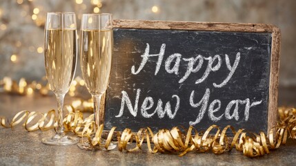 happy new year, New year's eve party, celebration, holiday greeting card - Two champagne glasses and chalkboard with text, on table