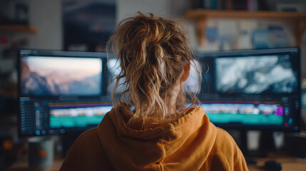 Creative Work from Home Setup, Girl Editing Video, Freelance Designer Working at Desk