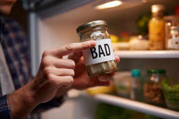 Person finding spoiled food jar in refrigerator