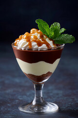 Layered chocolate parfait dessert with caramel and mint