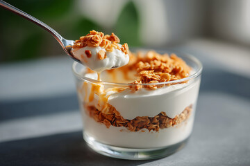 Spoon lifting yogurt parfait with granola