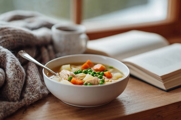 Chicken soup bowl on windowsill enjoying cozy comfort
