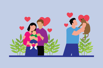Different Forms of Love, Family with Baby and Single Man with Adopted Cat 2d flat vector illustration