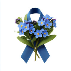 Forget-me-not flowers bouquet with blue remembrance ribbon